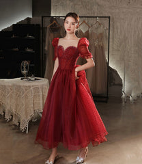 Burgundy tulle beads short prom dress homecoming dress