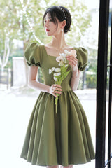 Green satin short prom dress A-line homecoming dress