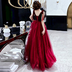 Burgundy velvet tulle long prom dress party dress