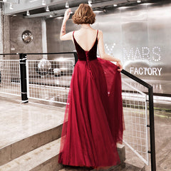 Burgundy velvet tulle prom dress evening dress