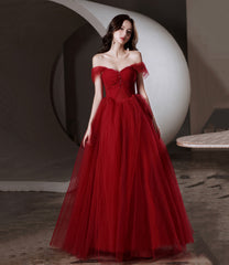 Red tull beads long prom dress A line evening dress