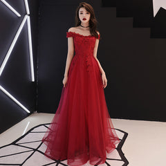 Burgundy lace tulle long prom dress, evening dress