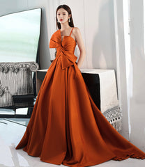 Orange satin long prom dress with bow A line formal dress