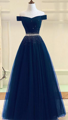 Blue Prom Dresses,tulle Prom Gown,off Shoulder Prom Dresses,long Prom Dress,a Line Evening Dress