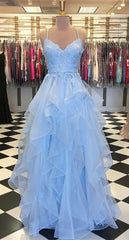 Blue sleeveless prom dress,applique spaghetti-straps v-neck evening dress,tulle lace ruffles party dress