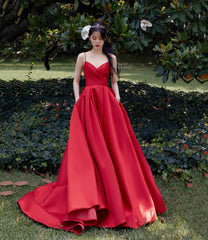 Red satin long prom dress A line evening dress