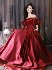 Burgundy Satin Long A-Line Formal Prom Dress