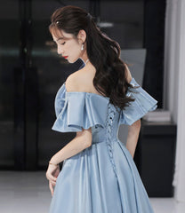 Blue satin long prom dress A line evening dress