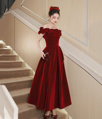 Burgundy Velvet Tea Length Prom Dress, Cute Evening Dress Party Dress