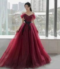 Burgundy tulle long A line prom dress evening dress