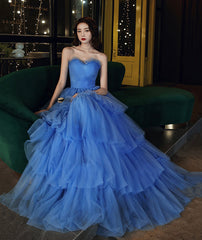 Blue tulle long prom dress blue evening dress