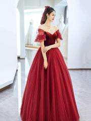 Burgundy Velvet and Tulle Long Prom Dress