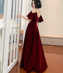 Burgundy velvet long prom dress A line evening dress