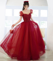 Burgundy tulle sequins long prom dress evening dress