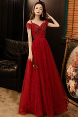 Burgundy tulle lace long prom dress A-line evening dress