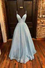 Blue Sequins Long Prom Dress Blue Evening Dress