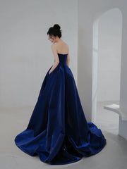 Blue Satin Long A-Line Prom Dress, Simple Blue Evening Dress Formal Dress