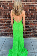 Fluorescent Green Sequins Long Prom Dress With Criss Cross Back