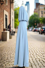 Flutter Sleeves Chiffon Sky Blue Bridesmaid Dress with Sash Bow Max Dresses