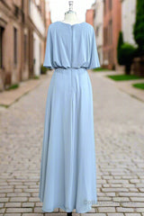 Flutter Sleeves Chiffon Sky Blue Bridesmaid Dress with Sash Bow Max Dresses