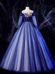 For Your Big Night Navy Blue Ball Gown Tulle Long Sleeve Appliques Quinceanera Dress