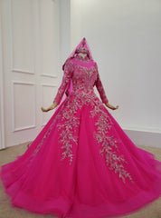 Fuchsia Ball Gown High Neck Long Sleeve Embroidery Appliques Wedding Dress