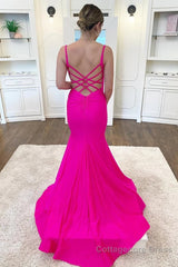 Fuchsia Spaghetti Straps Mermaid Long Prom Dress With Criss Cross Back