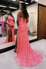 Fuchsia Strapless Sequins Lace Mermaid Prom Dresses with Slit