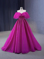 Fuchsia Tulle Beading Off the Shoulder Prom Dress