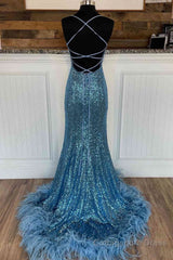 Long Sequined Blue Straps Prom Dress with Feather Hem