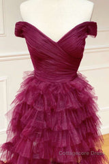 Off the Shoulder Burgundy Pleated Sheer Tiered Prom Dress