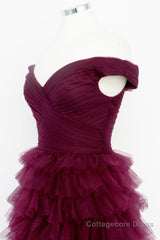 Off the Shoulder Burgundy Pleated Sheer Tiered Prom Dress