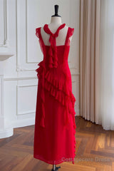 Square Neck Red Ruffle Chiffon Long Party Dress