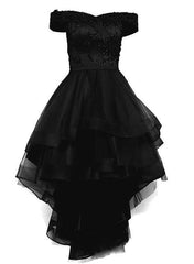 black off shoulder tulle and lace high low homecoming dress 2025 black prom dress