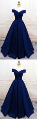 Navy Blue Satin V Neck Off Shoulder Prom Dresses, Long Evening Gowns