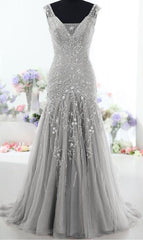 Silver Long Back Up Lace V Neck Beading Prom Dresses, Modest Prom Dresses, Charming Prom Dresses