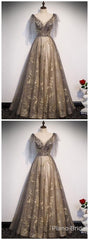 Elegant V Neck Gray Gold Tulle Lace Long Prom Dress, Tulle Formal Dress