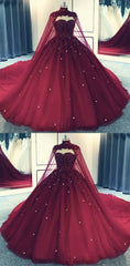 Glam Ball Gown Quinceanera Dress Lace Applique Beaded Cape, Wine Red Formal Dress Party Gowns