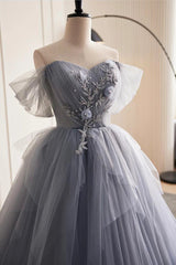 Glam Blue-Grey Tulle with Lace Applique Long Party Dress, Tulle Formal Dress Evening Gown