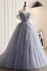 Glam Blue-Grey Tulle with Lace Applique Long Party Dress, Tulle Formal Dress Evening Gown