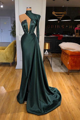 Glamorous High Neck One Shoulder Long Sleeve Mermaid Evening Gowns With Crystals