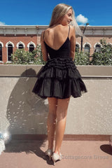 Glitter Black Tiered Spaghetti Straps Short Homecoming Dress