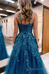 Glitter Blue Lace A-Line Long Prom Dress