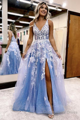 Glitter Blue Lace A-Line Long Prom Dress with Flowers and Pockets