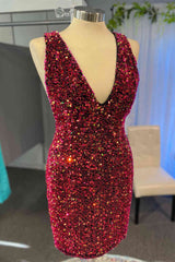 Glitter Burgundy V-Neck Sequined Bodycon Homecoming Dress,graduation dresses