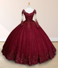 Glitter Long Sleeve Princess Burgundy Quinceanera Dresses