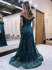 Glitter Mermaid Off The Shoulder Dark Green Long Prom Dress