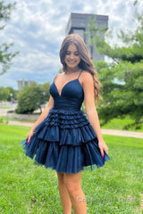 Glitter Navy Tiered Spaghetti Straps Short Homecoming Dress