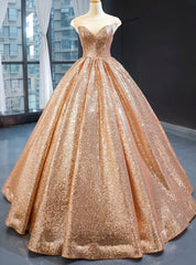 Gold Ball Gown Seuqins Cap Sleeve Long Floor Length Prom Dress