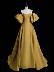 Gold Satin A-line Lace-up Long Party Dress with Sleeves, Gold Satin Prom Dress